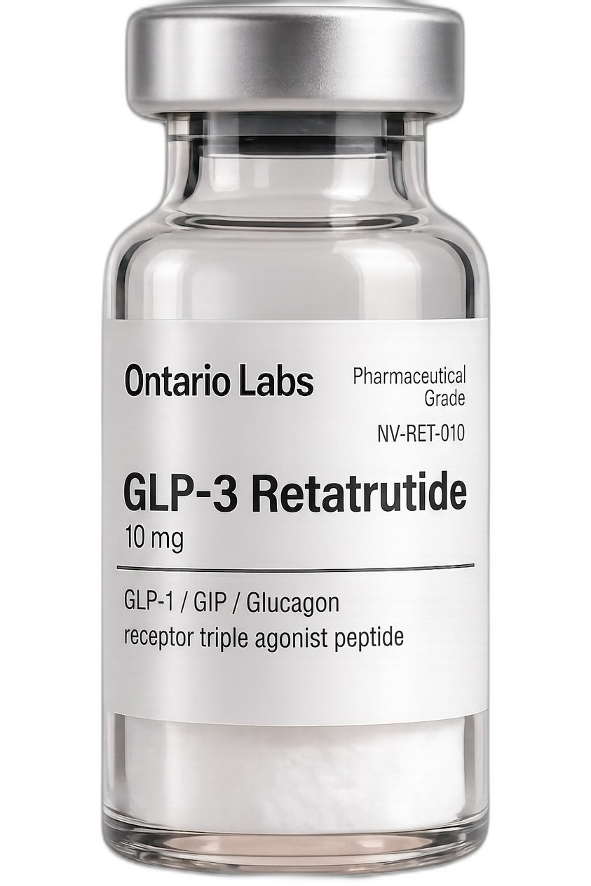 Retatrutide GLP-1/GIP/Glucagon triple-agonist research peptide vial, Ontario Labs — metabolic health studies